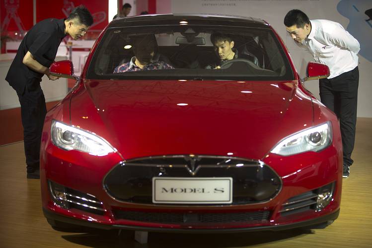 A Tesla Model S electric car on display at the Beijing International Automotive Exhibition in Beijing in April.
