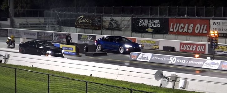 Tesla Model S P100D vs. 2014 Mustang Shelby GT500 1/4-Mile Drag Race Is a Bummer